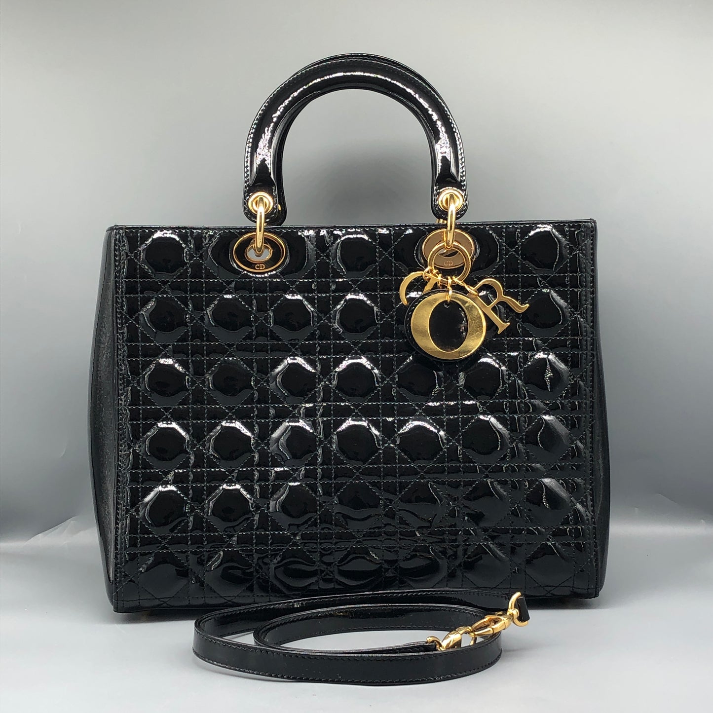 Christian Dior Lady Dior Large Cannage Quilted Patent Leather Handbag Black