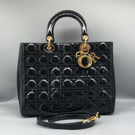 Christian Dior Lady Dior Large Cannage Quilted Patent Leather Handbag Black