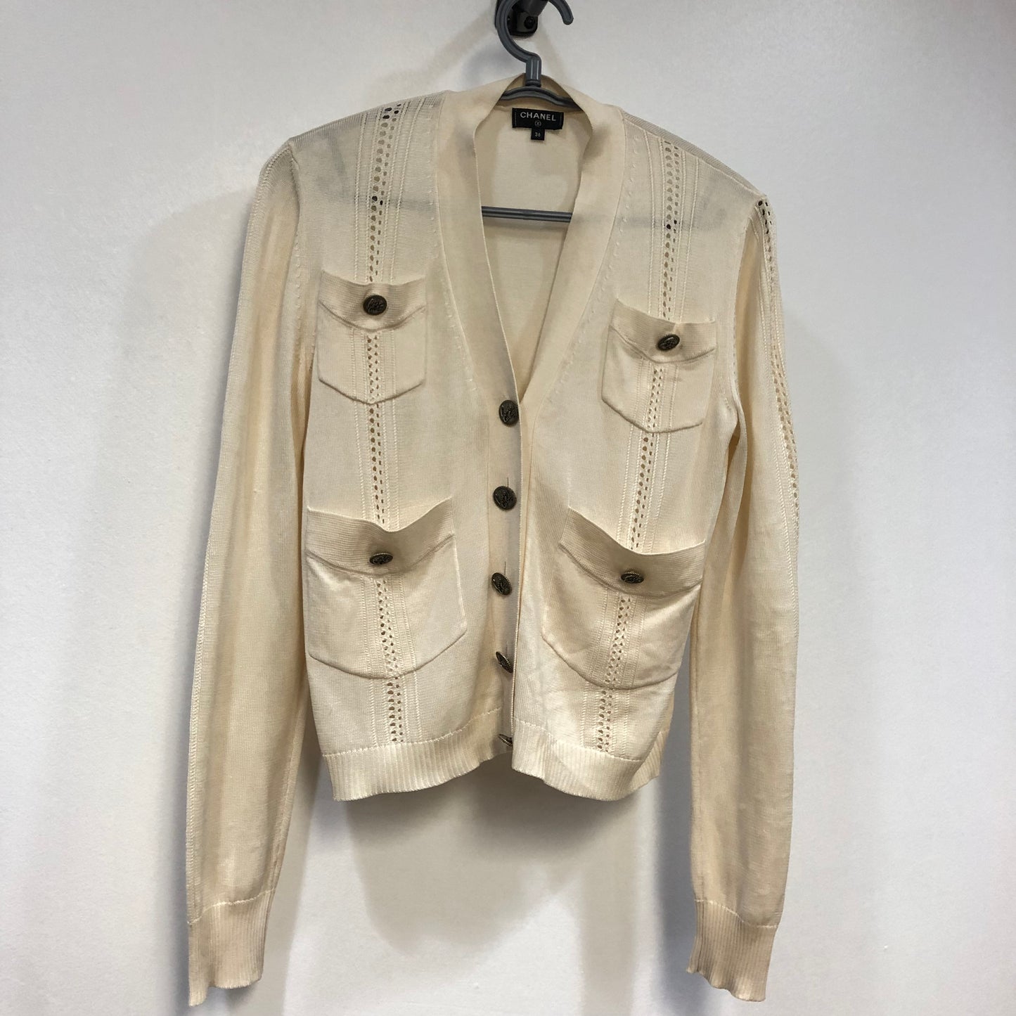 Chanel Knit Button Cardigan Jacket Size 36 Cream