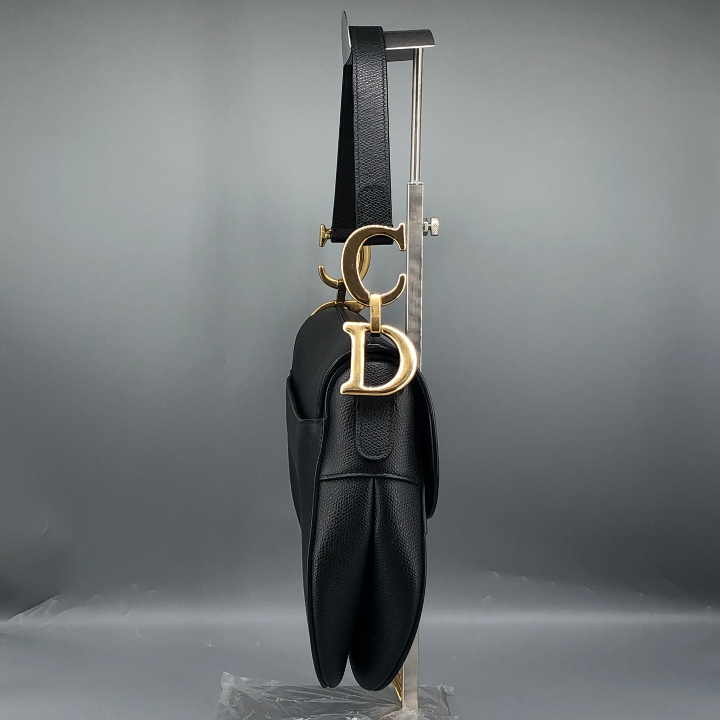 Christian Dior Saddle Medium Grained Calfskin Shoulder Bag  Black + Extra Strap