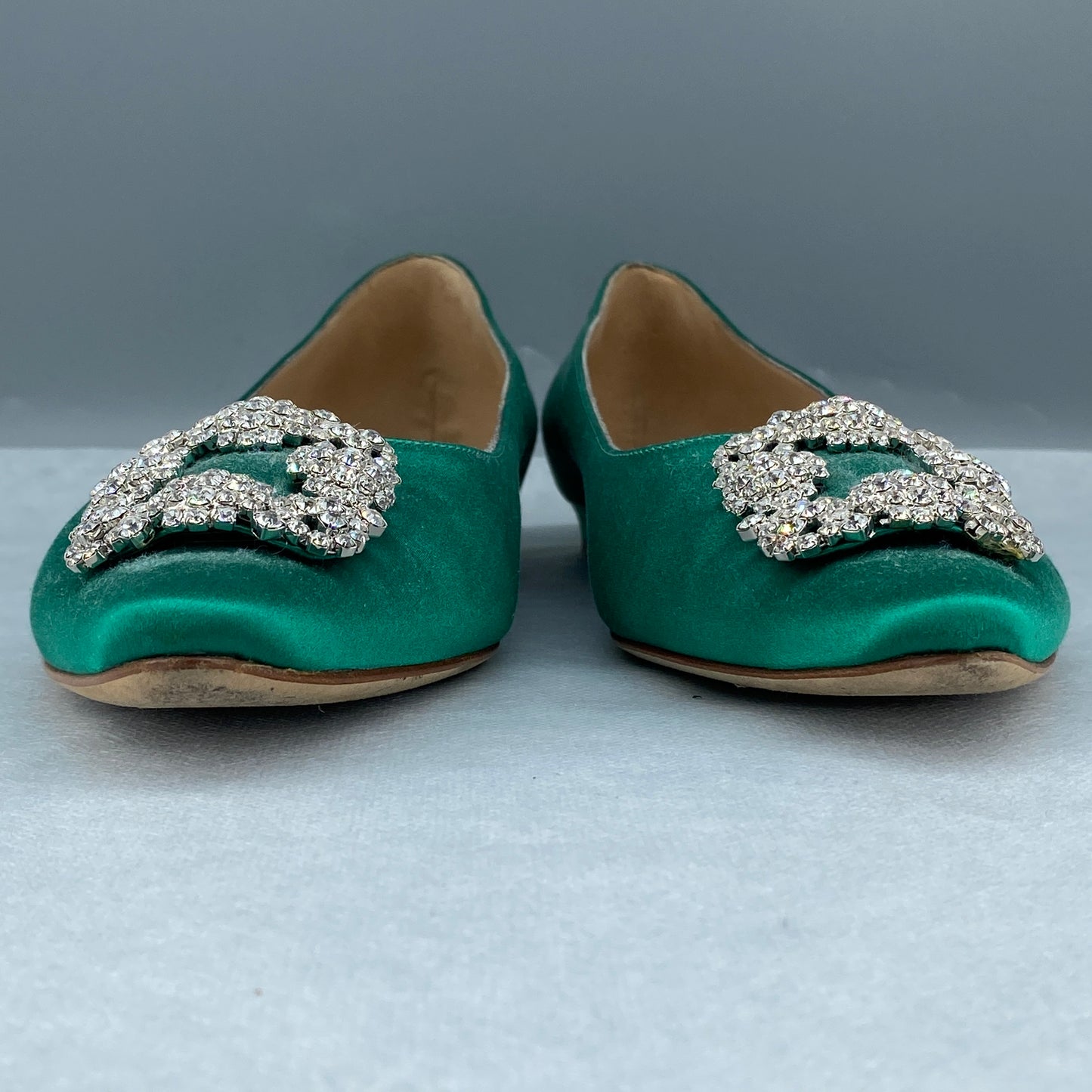 Manolo Blahnik Women's Green Satin Crystal Flat Shoes Size 41