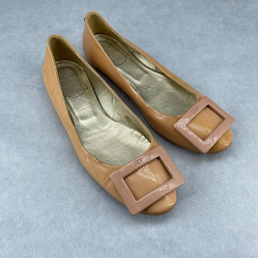 Roger Vivier Women's Nude Patent Leather Square Buckle Flat Ballet Shoes Size 37