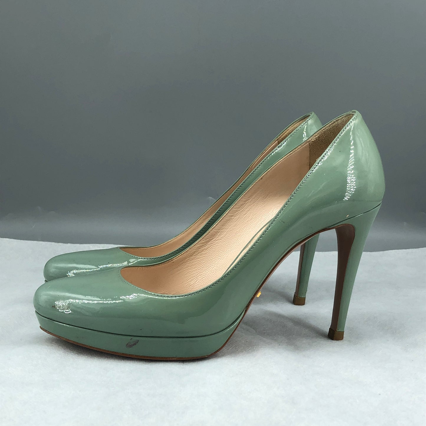 Prada Mint Green Patent Leather Platform Pointed Toe High Heels 35