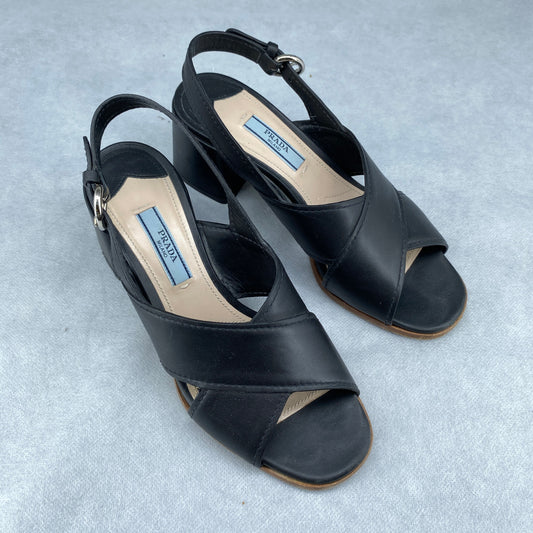 Prada Women's Black Leather Block Heel Slingback Sandal Size 35.5