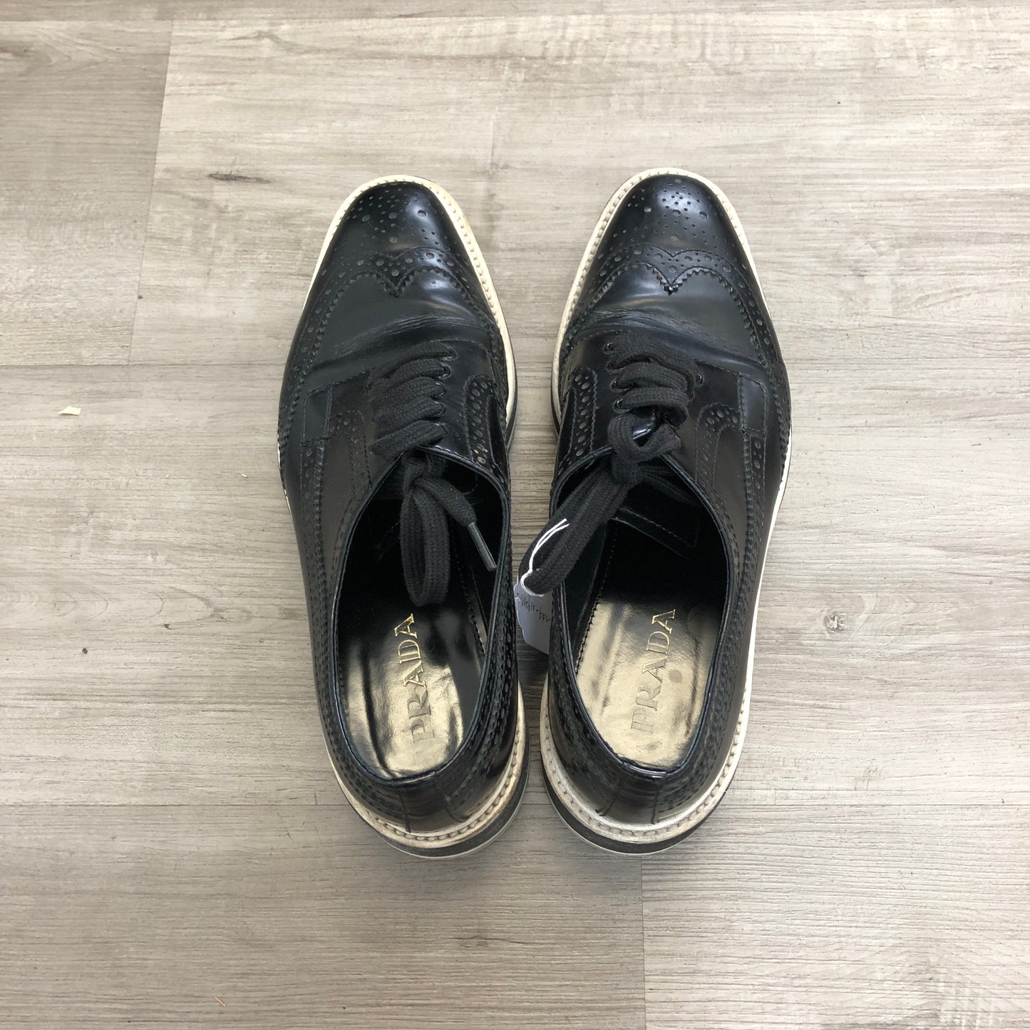 Prada Brogue Leather Platform Low Top Sneaker Shoes 37.5 Black White