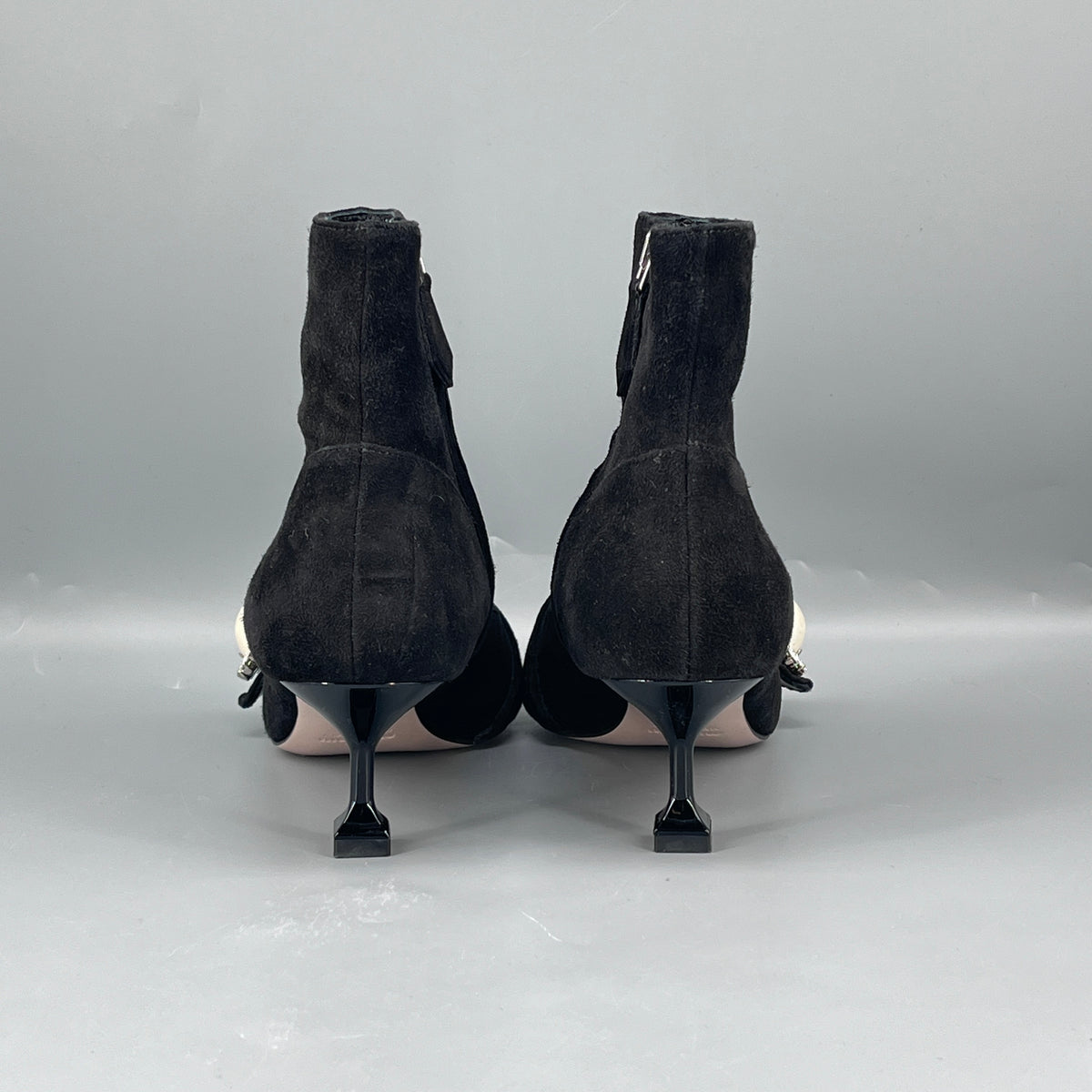 Miu Miu Women Black Suede Pearl Crystal Pointed Ankle Boots size 36