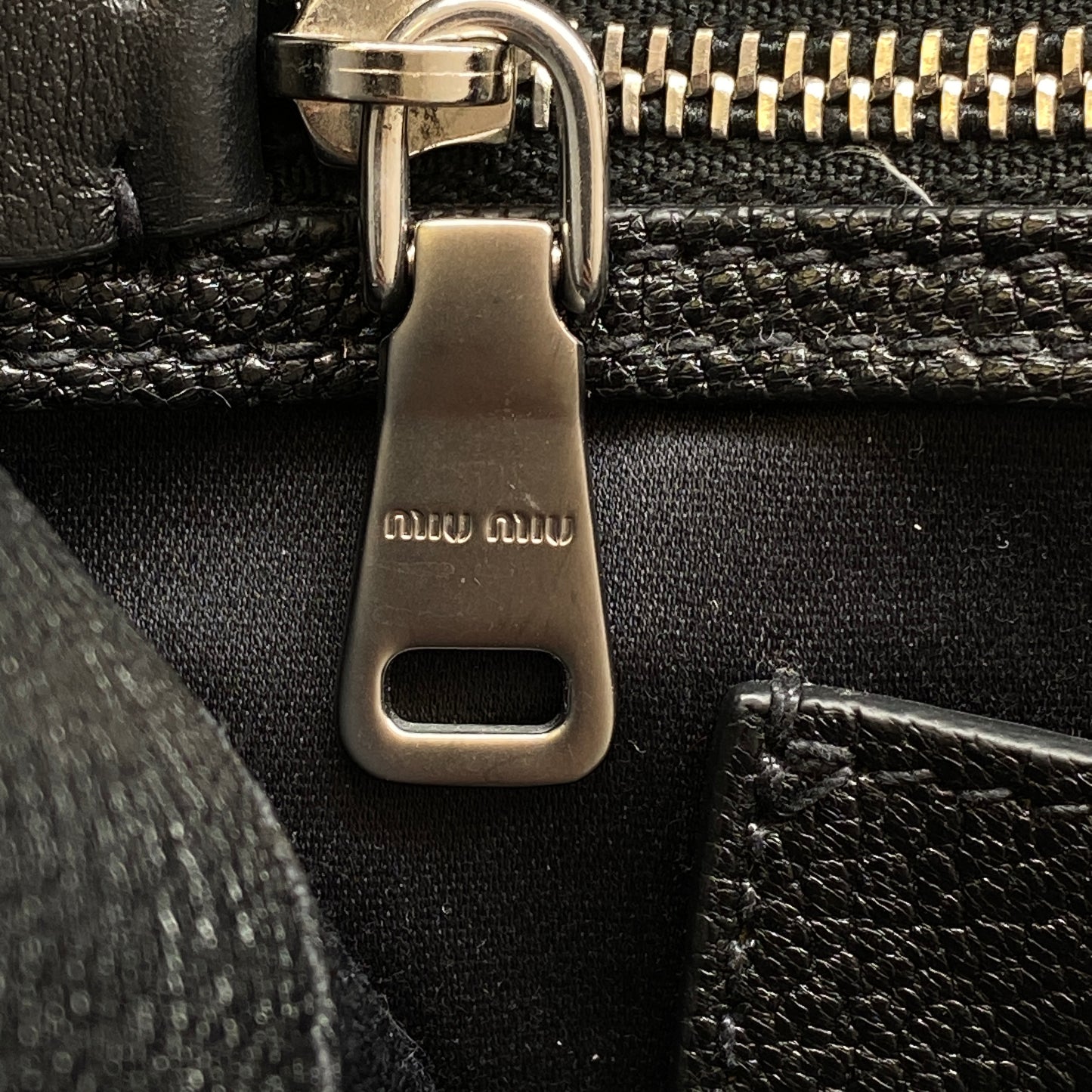 Miu Miu Black Grain Leather Crystal Ornament Top Handle Tote Bag