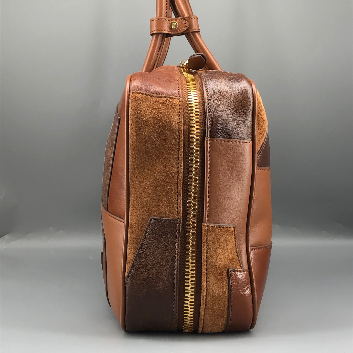 Miu Miu Nappa Patchwork Medium Beau Top Handle Bag Cognac