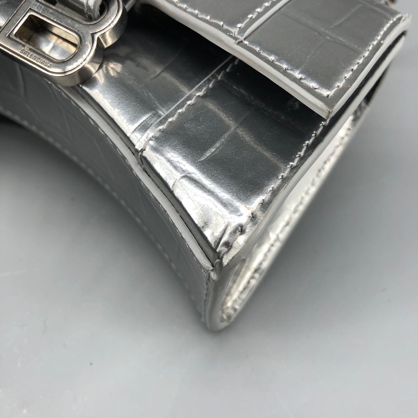 Balenciaga Silver Croc Embossed micro Hourglass Top Handle Bag