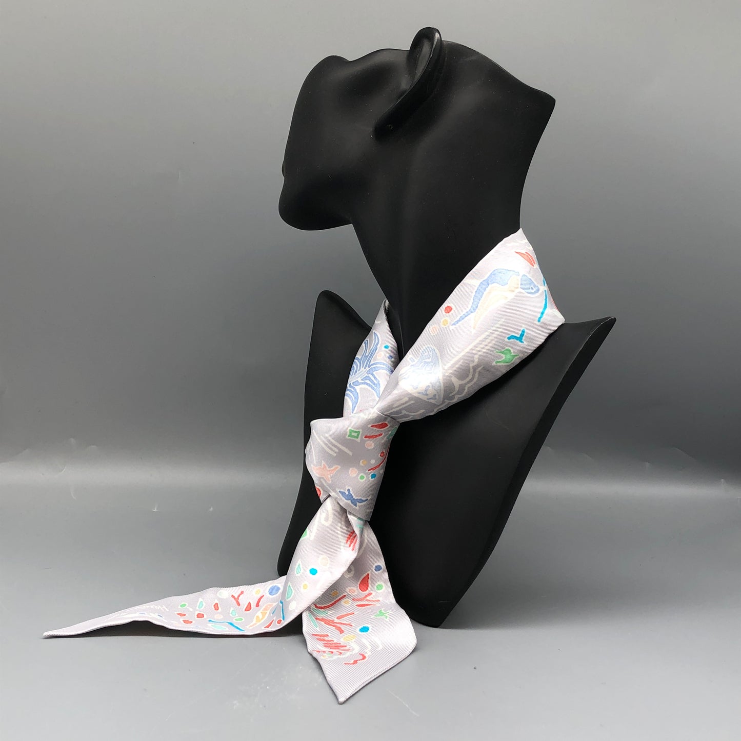 Hermes Set of 2 Twilly Scarves Grey Multi-Color Print