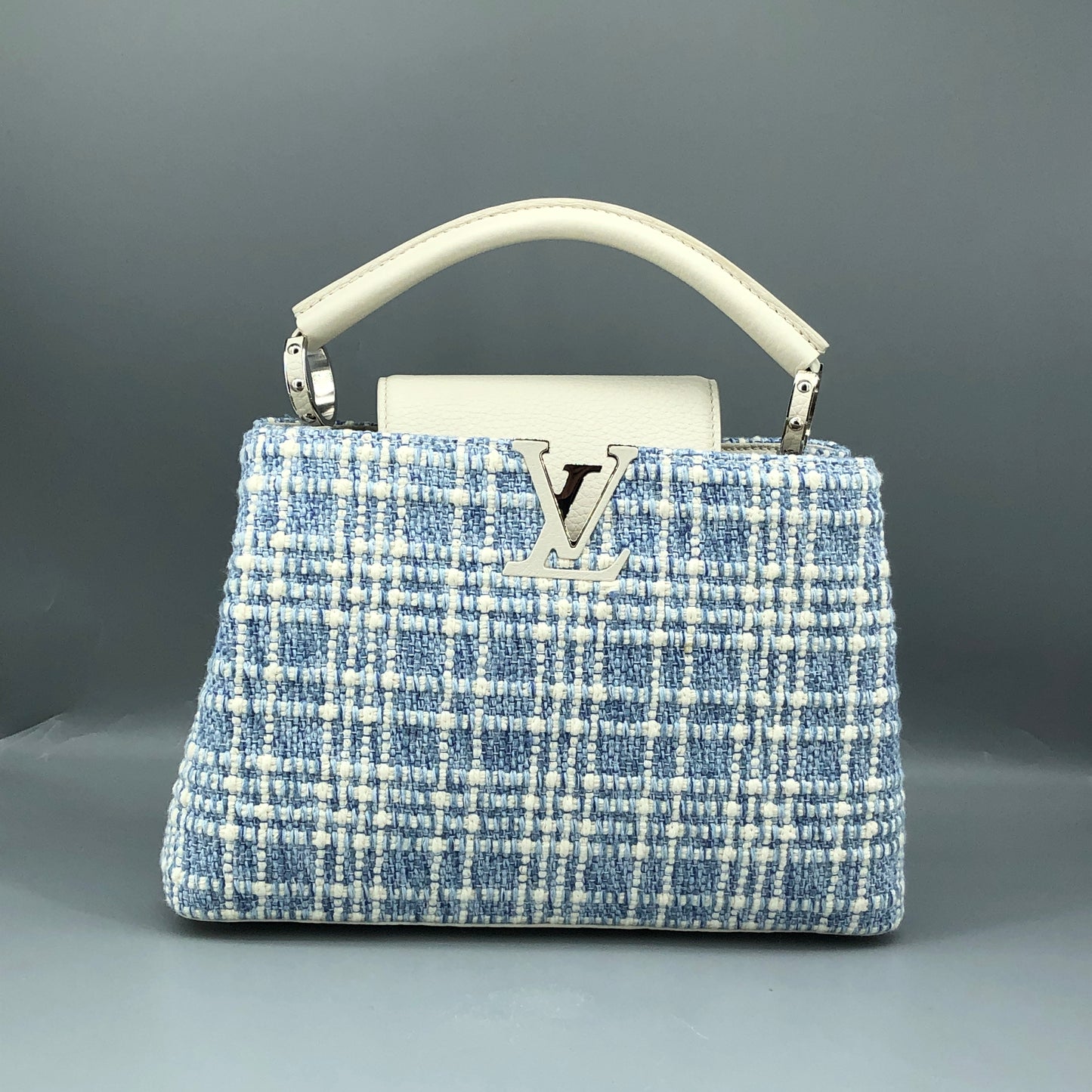 Louis Vuitton Limited Edition Capucines BB Handbag  White & Blue Tweed