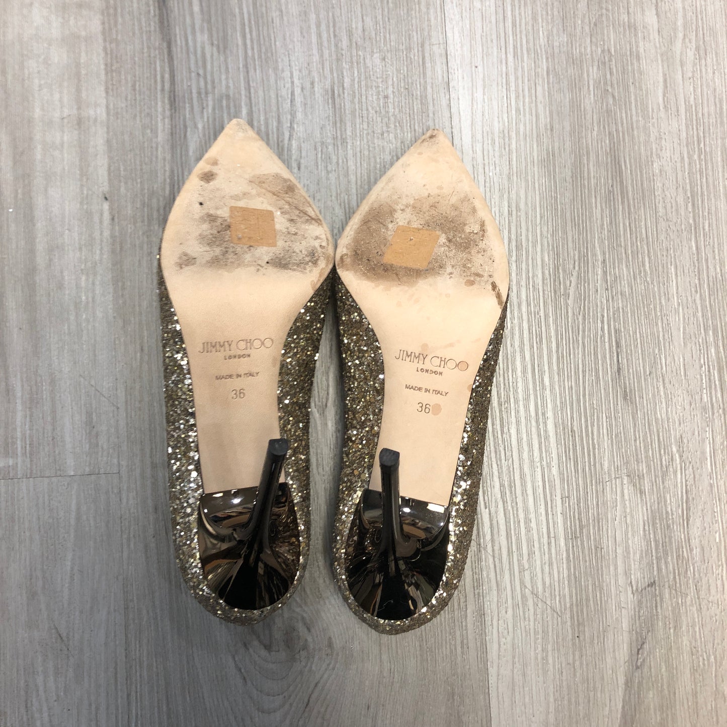 Jimmy Choo Gold Glitter Pointed Toe Pumps 36