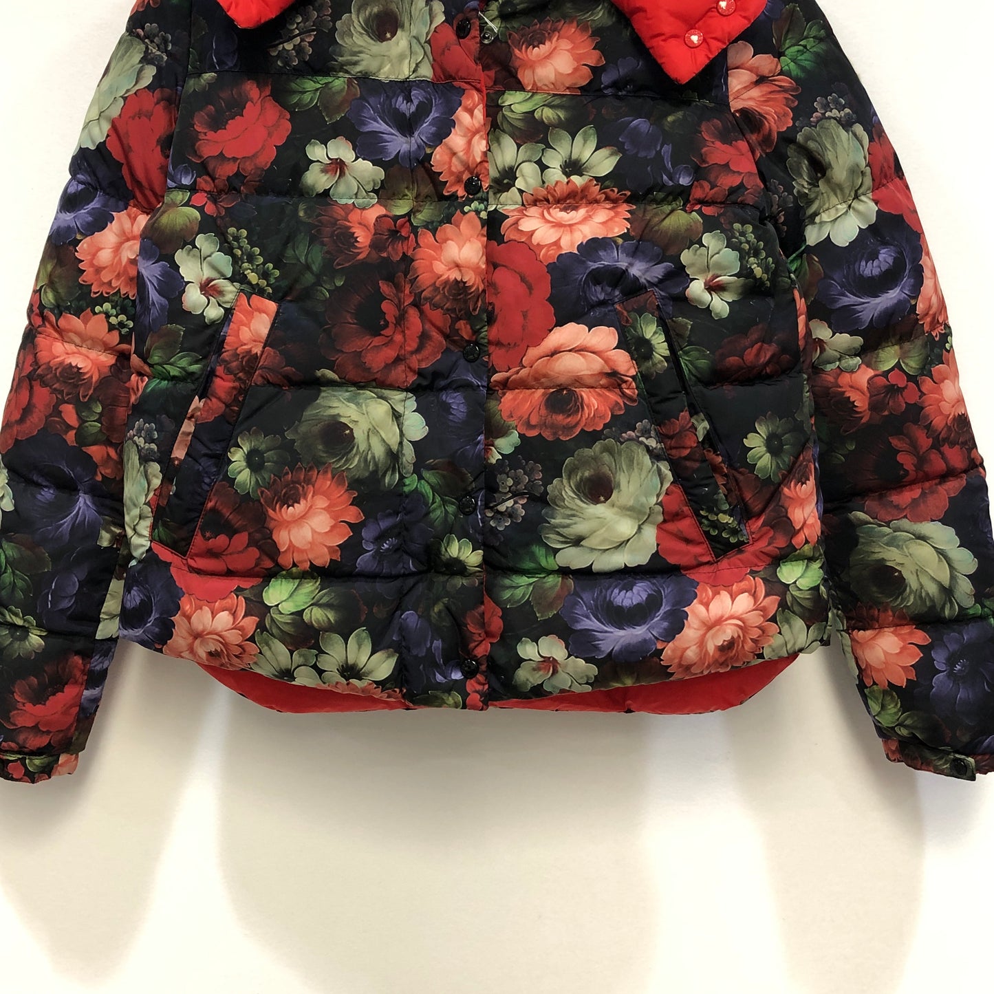 Moncler Floral Print Red Trim Hooded Down Jacket Size 1