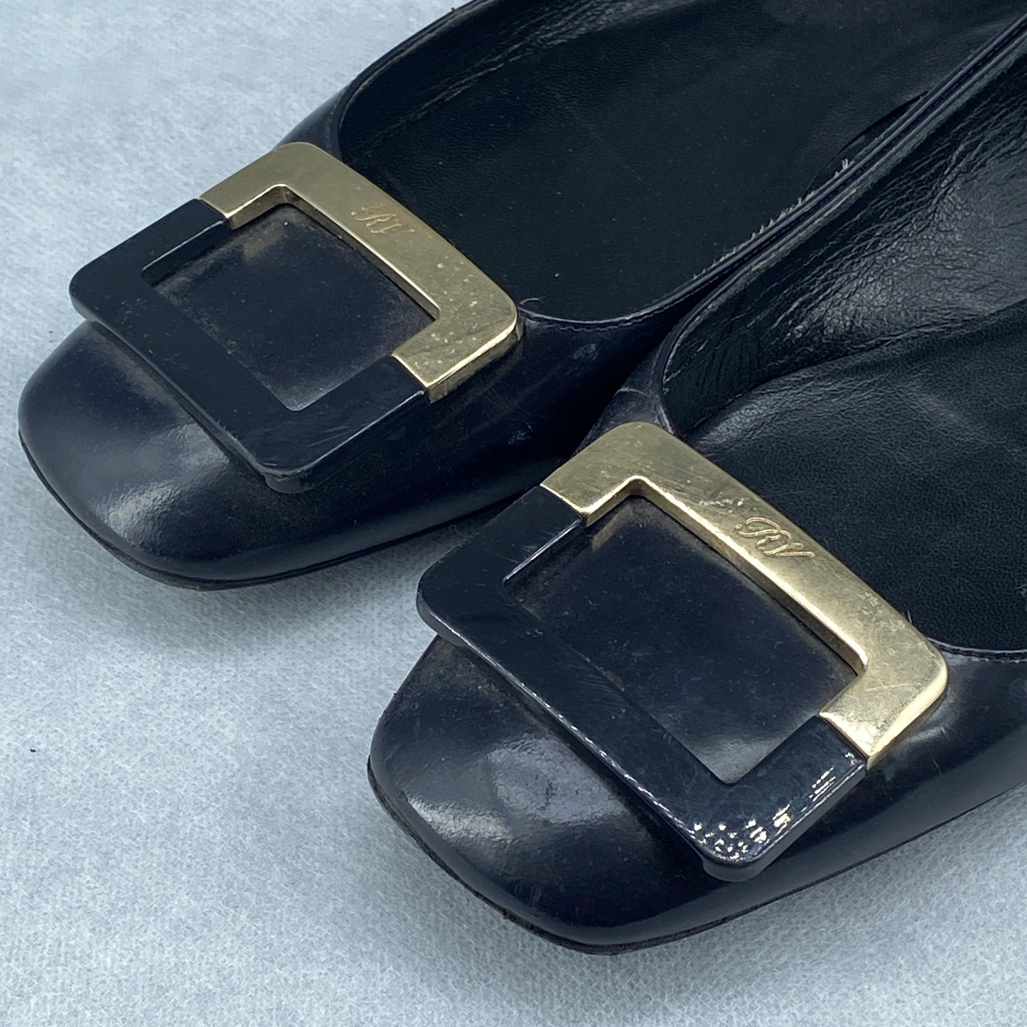 Roger Vivier Women’s Dark Blue Square‑Buckle Flat Shoes