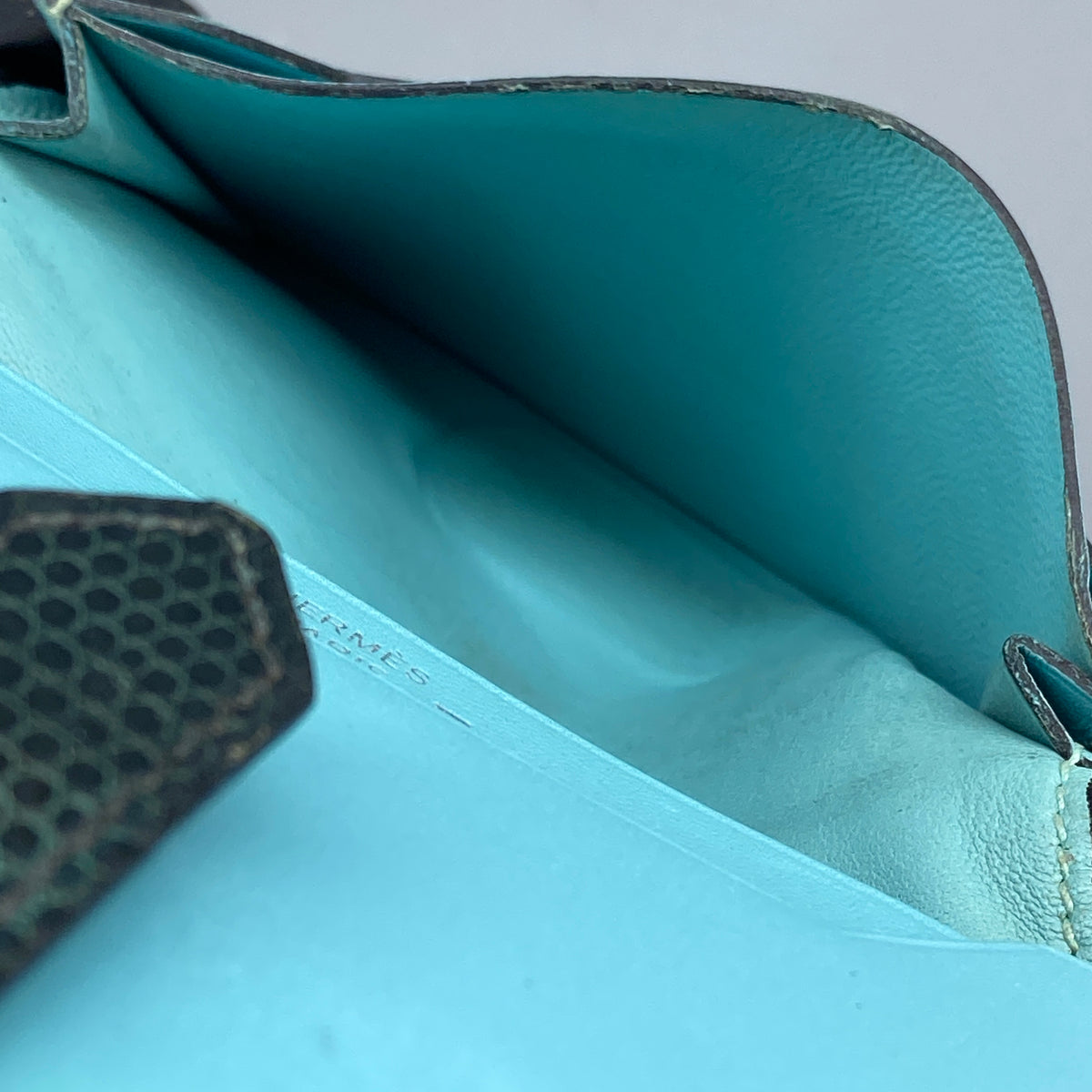 Hermes Bearn Compact card holder Tiffany Blue with Lizard leather strap