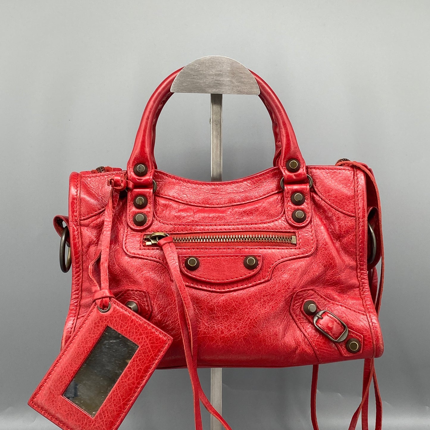 Balenciaga Red Lambskin Mini City Handbag