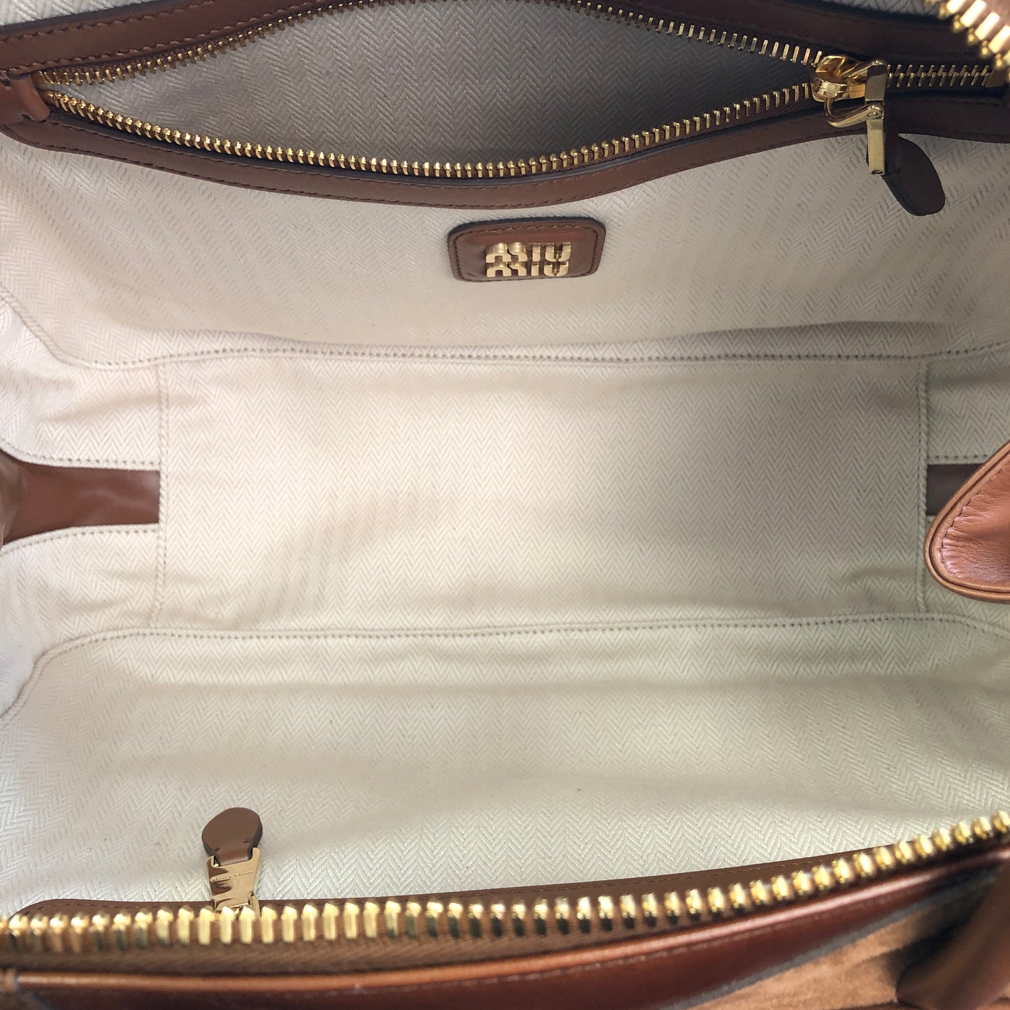 Miu Miu Nappa Patchwork Medium Beau Top Handle Bag Cognac