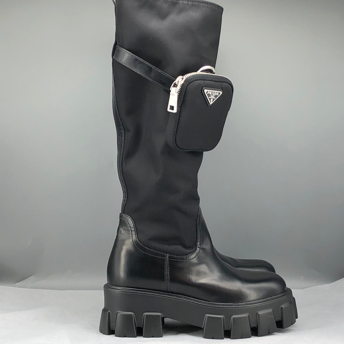 Prada Women‘s Re-Nylon Knee-High Lug Sole Boots Size 37 Black