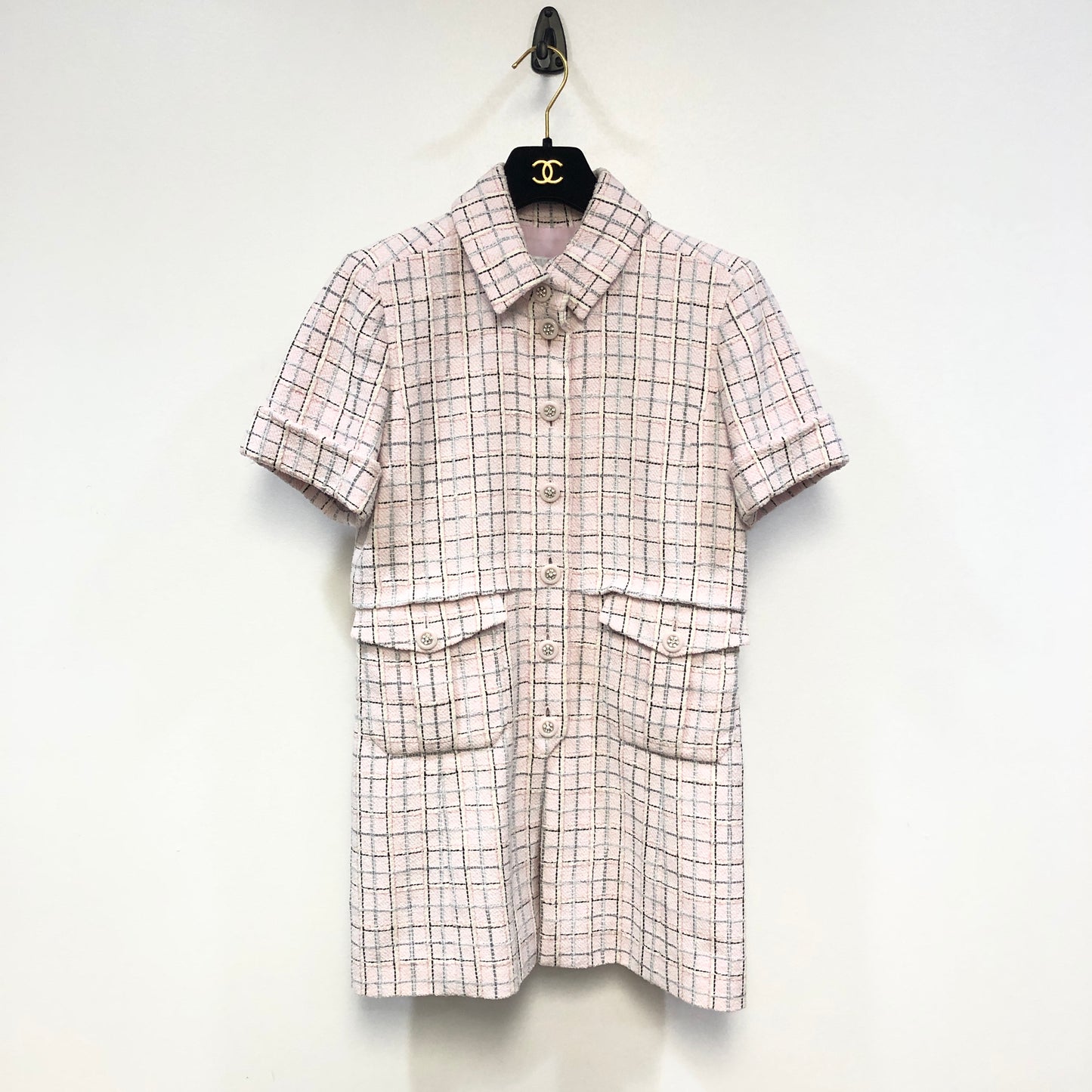 Chanel Pink Plaid Short Sleeve Tweed Dress Point Collar Size 34