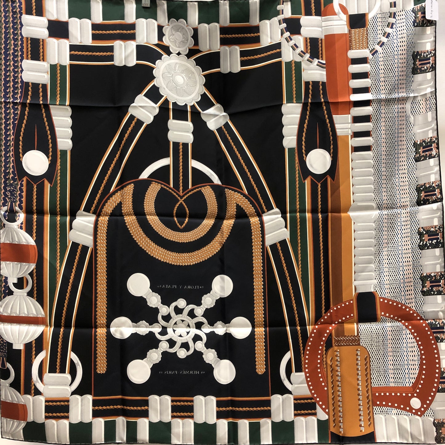 Hermes Silk Scarf Black/White/Tan/Forest Green Hardware Print