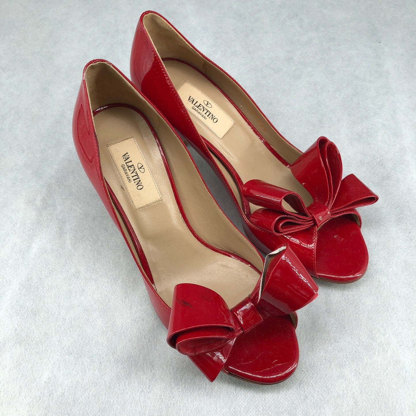 Valentino Red Patent Leather Bow Peep Toe Stiletto Pumps 35