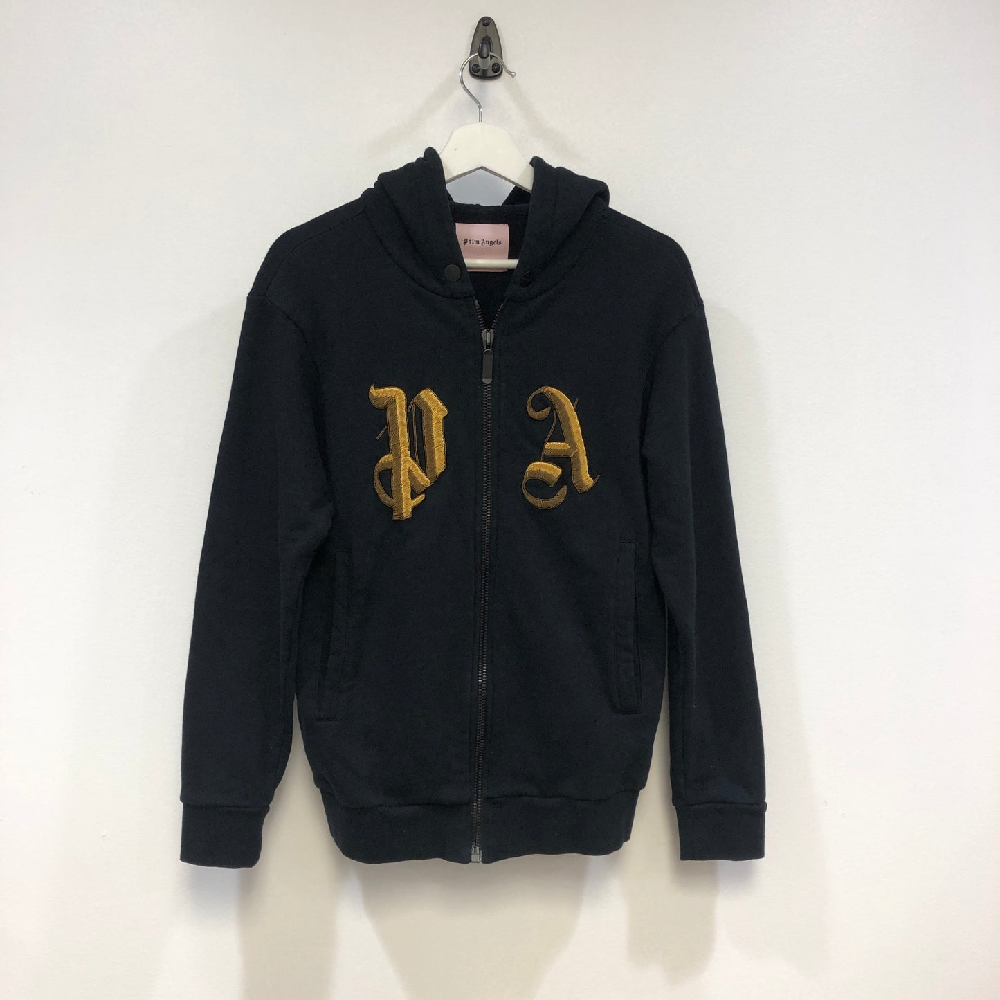 Palm Angels Black Gold Embroidered Full Zip Hoodie Size S