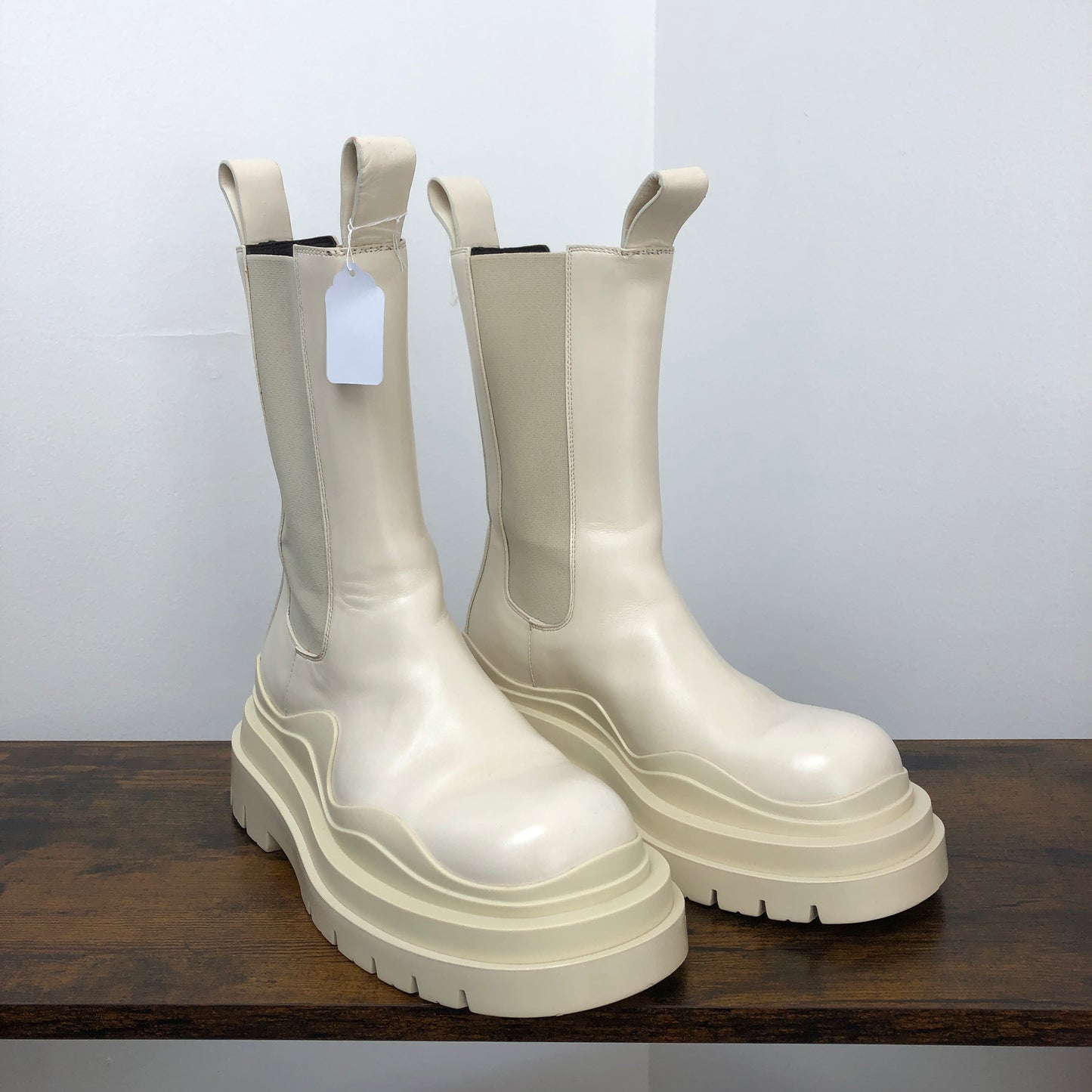 Bottega Veneta Women's Lug Smooth Calfskin Chelsea Mid-Calf Boots 36 White