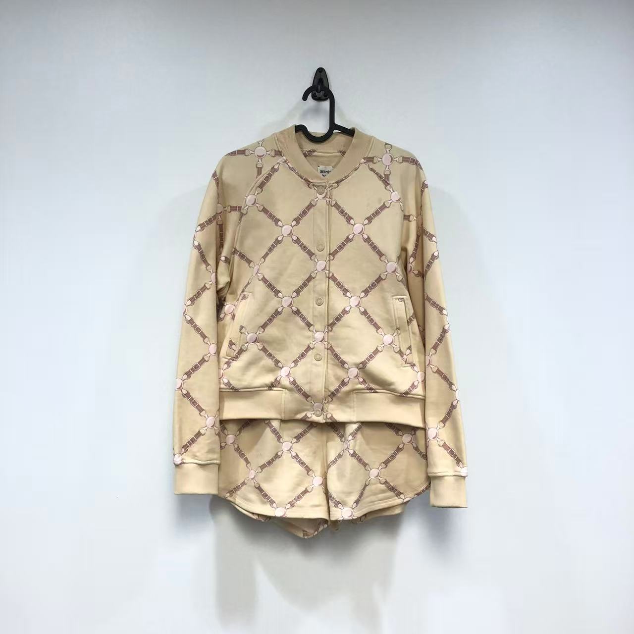 Hermes Twin-Set Bomber Jacket and Matching Shorts in Beige Cotton Blend