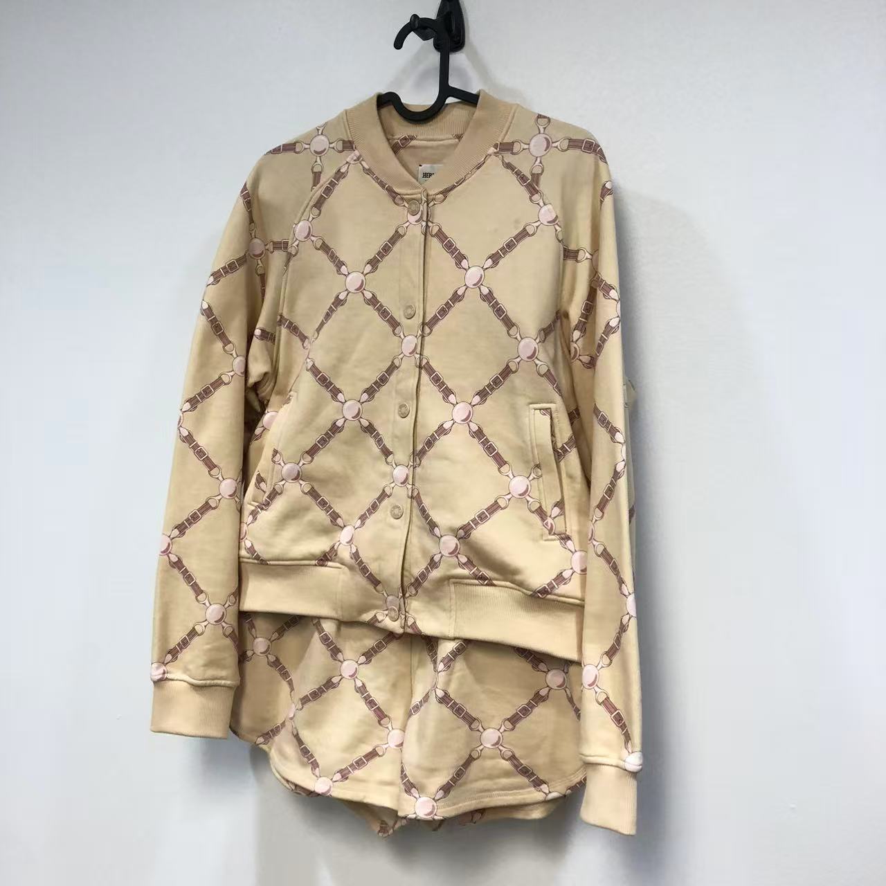 Hermes Twin-Set Bomber Jacket and Matching Shorts in Beige Cotton Blend