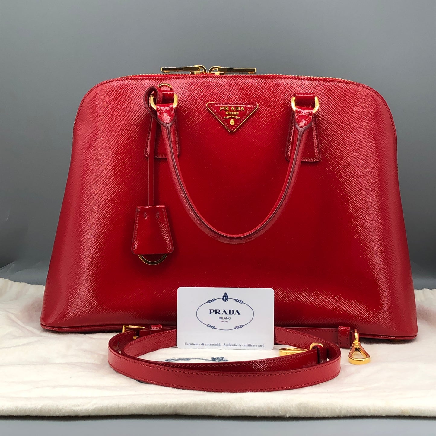 Prada Vernice Saffiano Promenade Dome Satchel Bag Red