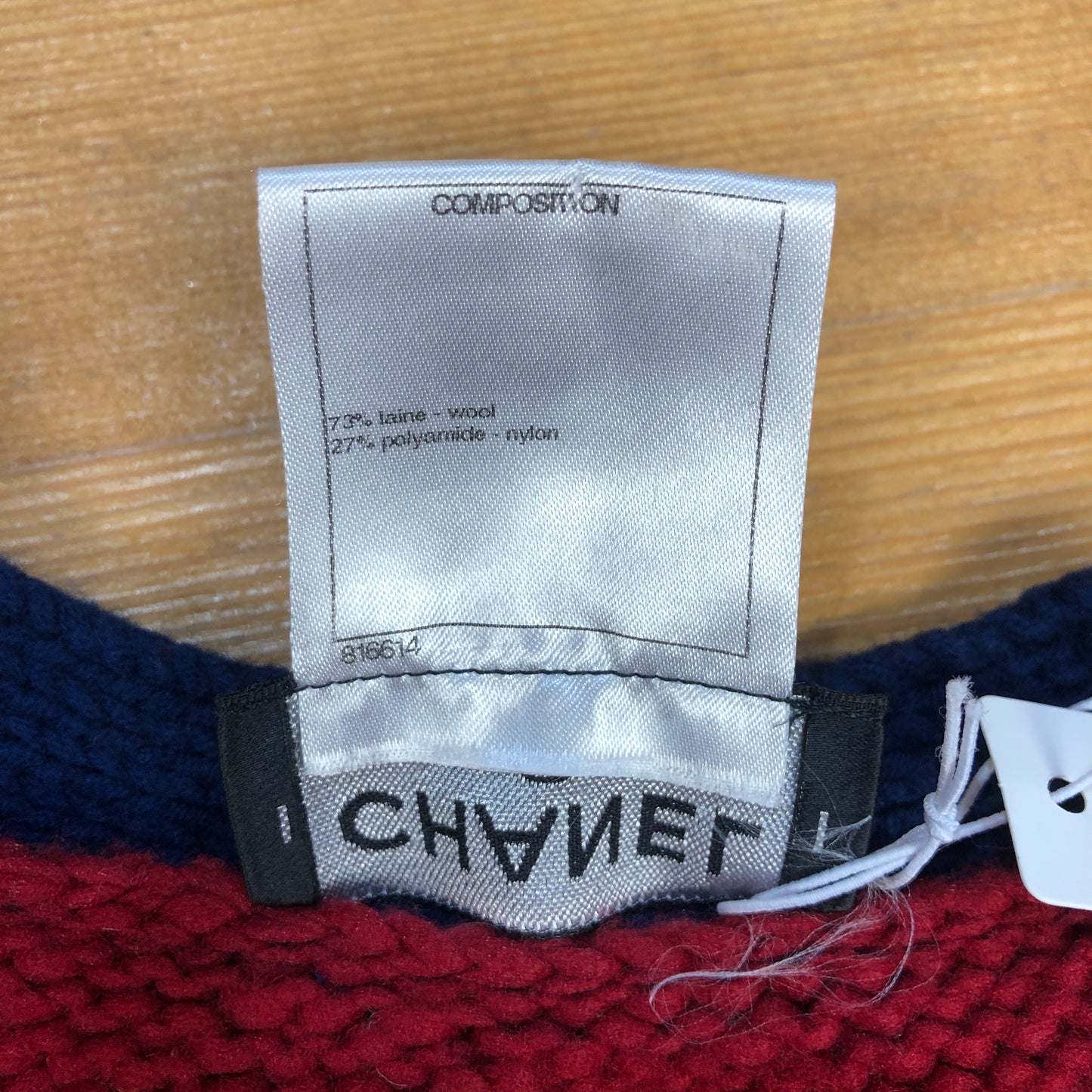 Chanel Red Cable Knit Cardigan with Navy Trim Size 44