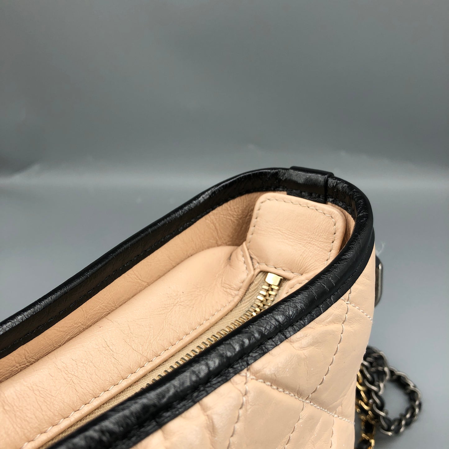 Chanel Aged Calfskin Quilted Small Gabrielle Hobo Beige Black