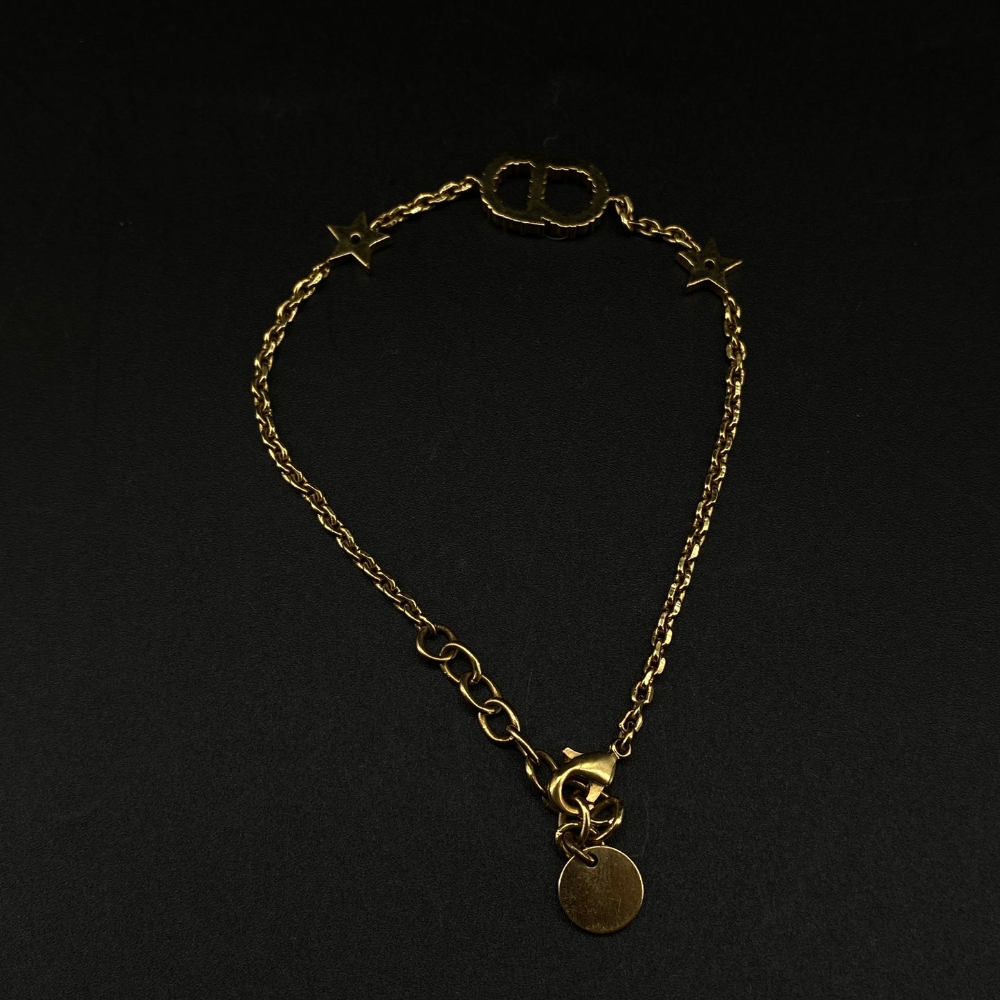 Christian Dior Gold Crystal CD Logo Star Thin Chain Bracelet