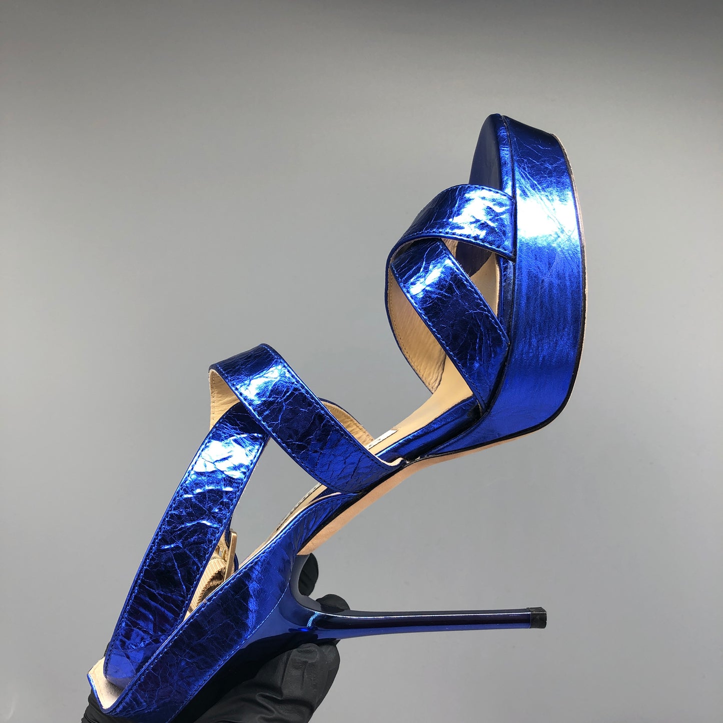 Jimmy Choo Women Metallic Blue Strappy Heels Size 36.5 Shoes