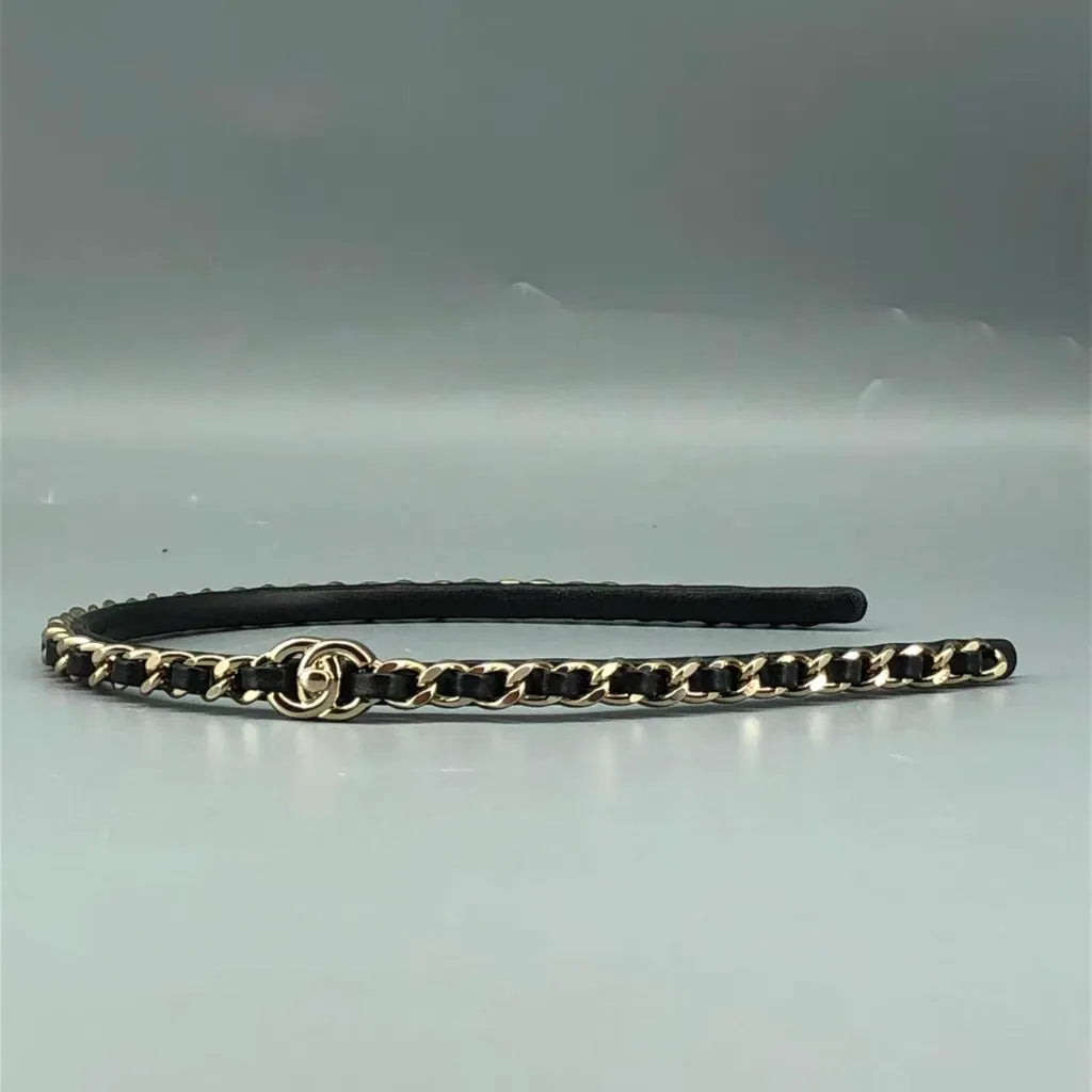 Chanel Coco Mark Turn-Lock Chain Headband Black Lambskin Leather Metal