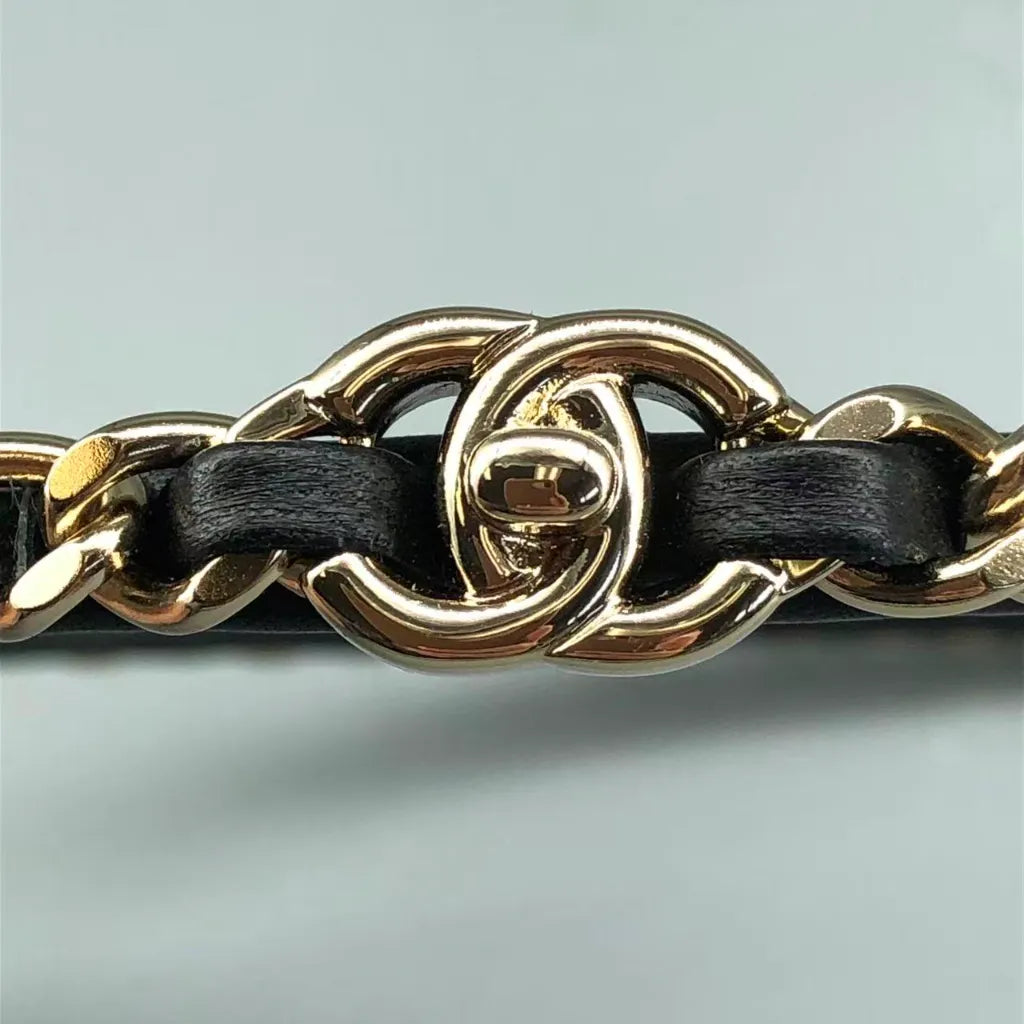 Chanel Coco Mark Turn-Lock Chain Headband Black Lambskin Leather Metal
