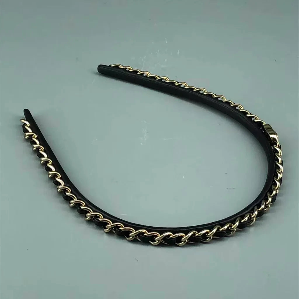 Chanel Coco Mark Turn-Lock Chain Headband Black Lambskin Leather Metal