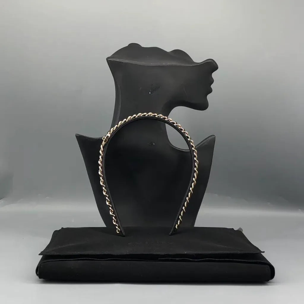 Chanel Coco Mark Turn-Lock Chain Headband Black Lambskin Leather Metal