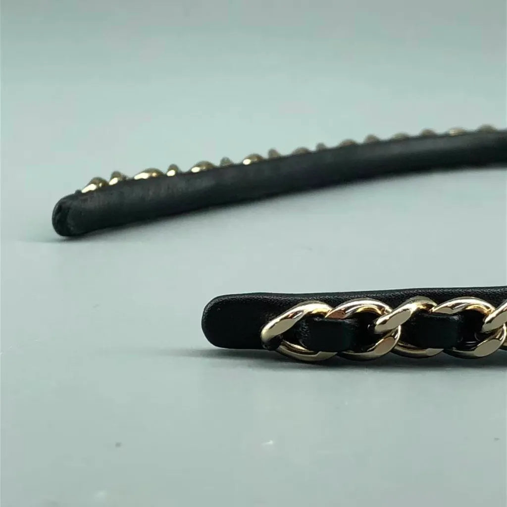 Chanel Coco Mark Turn-Lock Chain Headband Black Lambskin Leather Metal