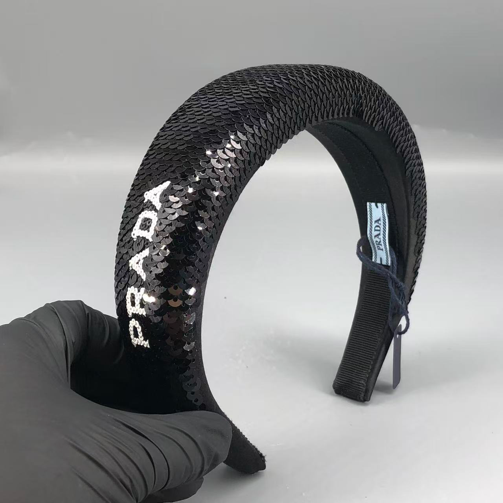 Prada Black Sequined Logo Detail Headband