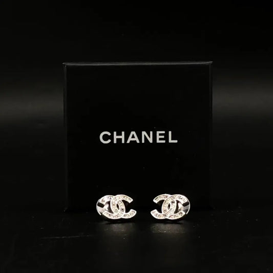 Chanel CC Logo Silver Tone Stud Earrings