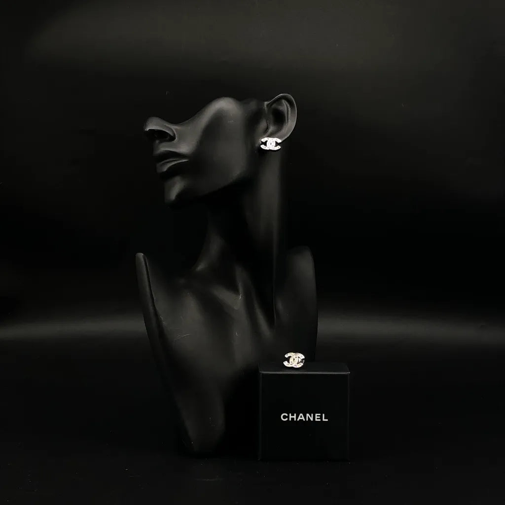 Chanel CC Logo Silver Tone Stud Earrings