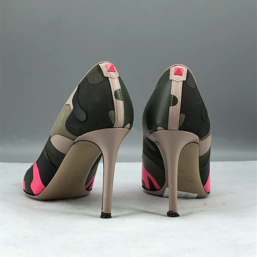 Valentino Garavani Camouflage Pointed Toe Pumps Neon Pink Black 35