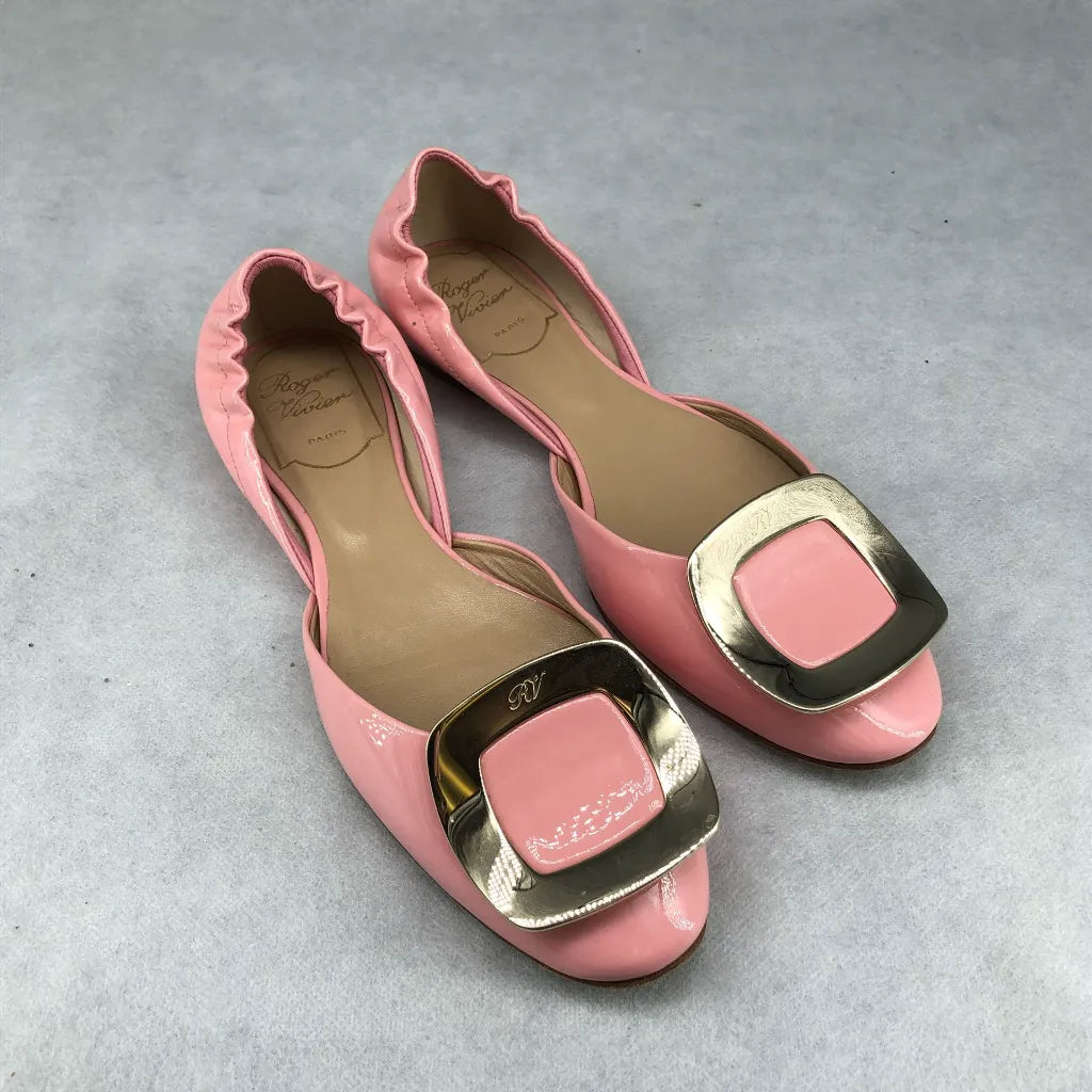Roger Vivier Pink Patent Leather D'Orsay Flats with Metallic Buckle 35