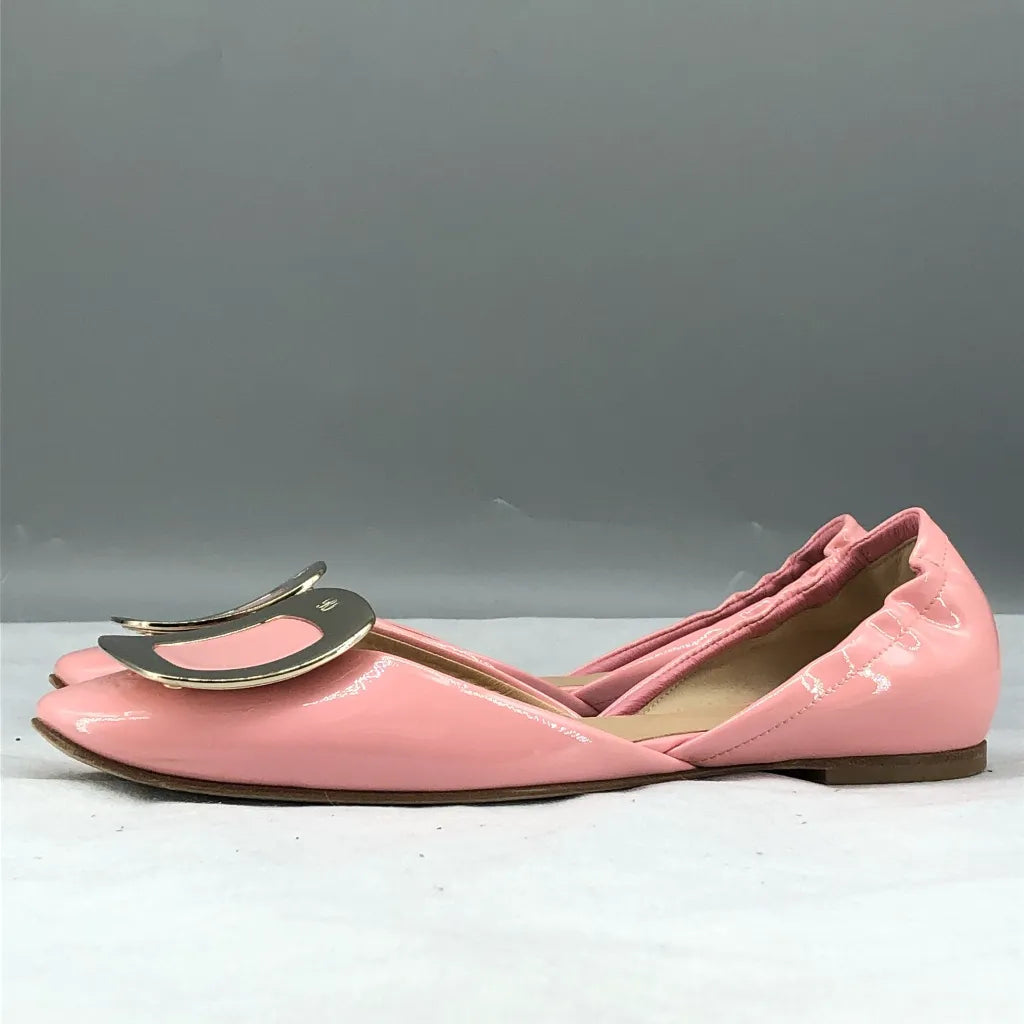 Roger Vivier Pink Patent Leather D'Orsay Flats with Metallic Buckle 35
