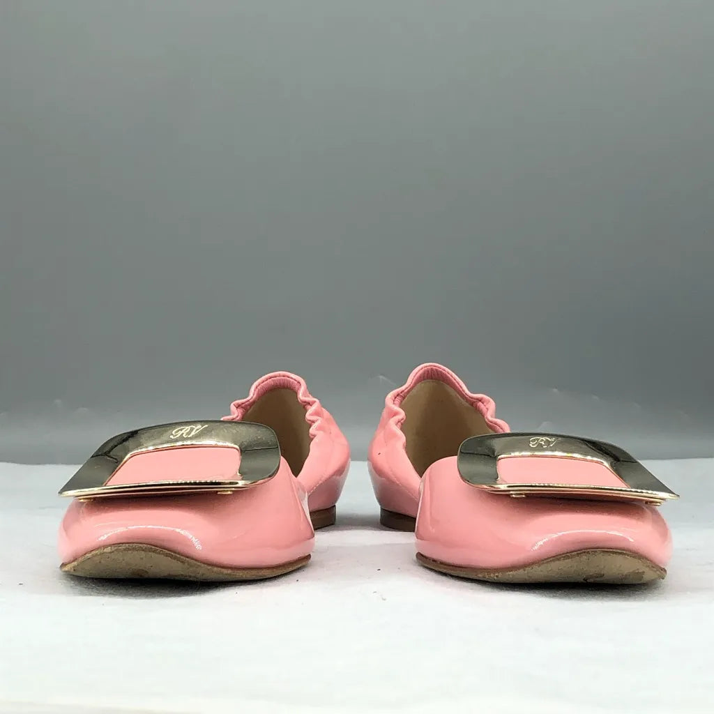 Roger Vivier Pink Patent Leather D'Orsay Flats with Metallic Buckle 35