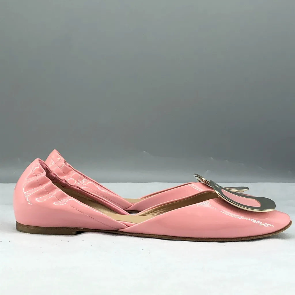 Roger Vivier Pink Patent Leather D'Orsay Flats with Metallic Buckle 35