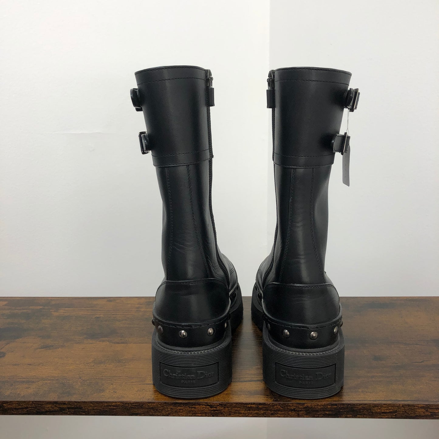 Christian Dior Black Smooth Calfskin Platform Combat Mid Calf Boots 36.5