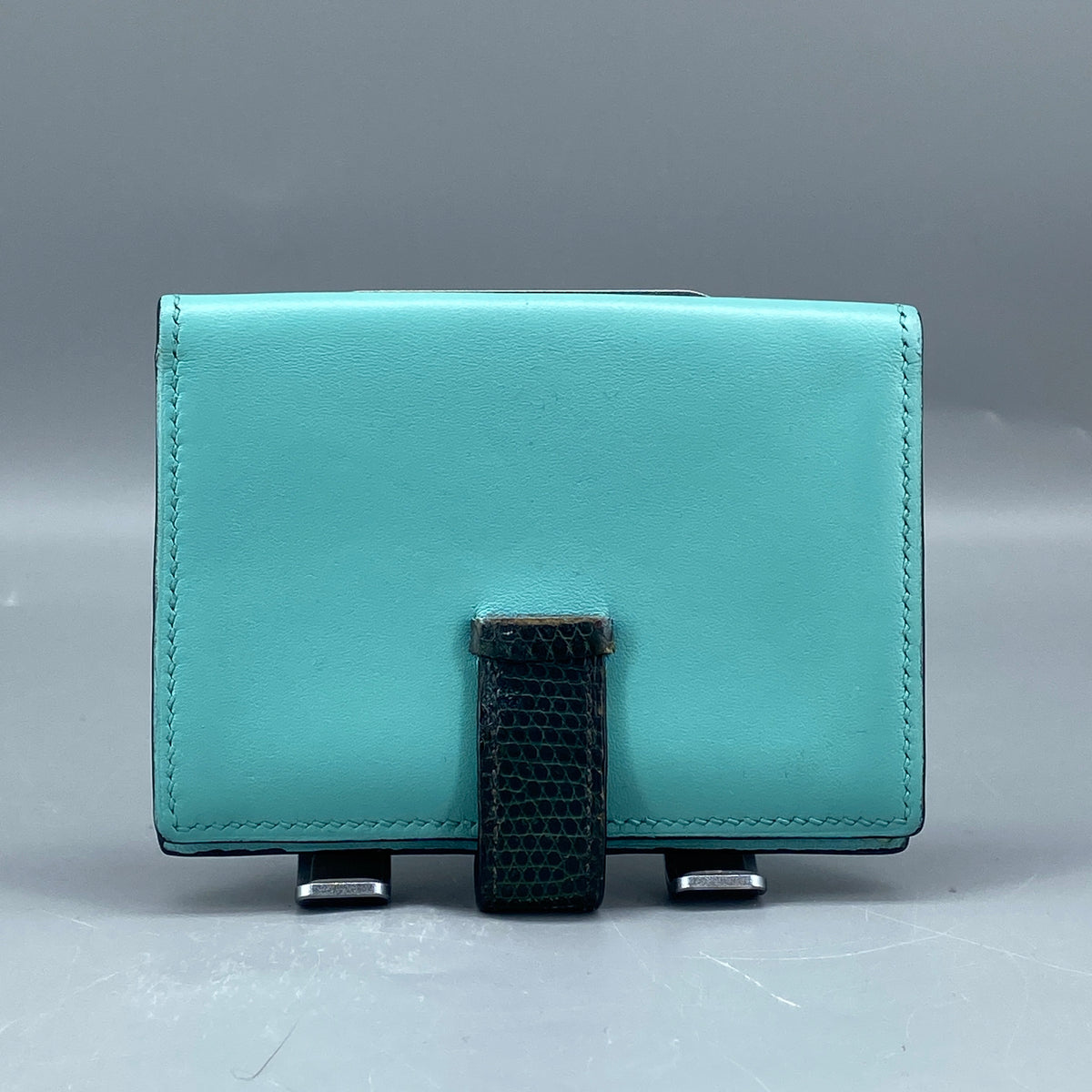 Hermes Bearn Compact card holder Tiffany Blue with Lizard leather strap