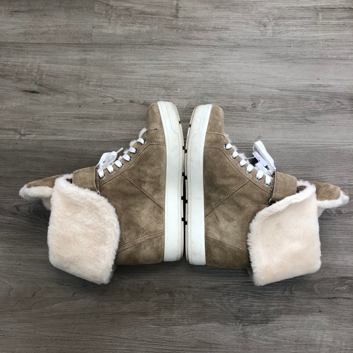 Prada Women's Shearling Lined Suede High Top Wedge Sneaker Boots 37 Beige White